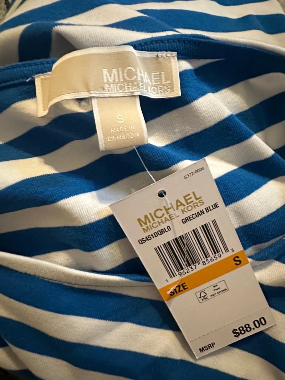 Michael Kors Royal Blue and White Striped Short Sleeve Tee Small S NWT